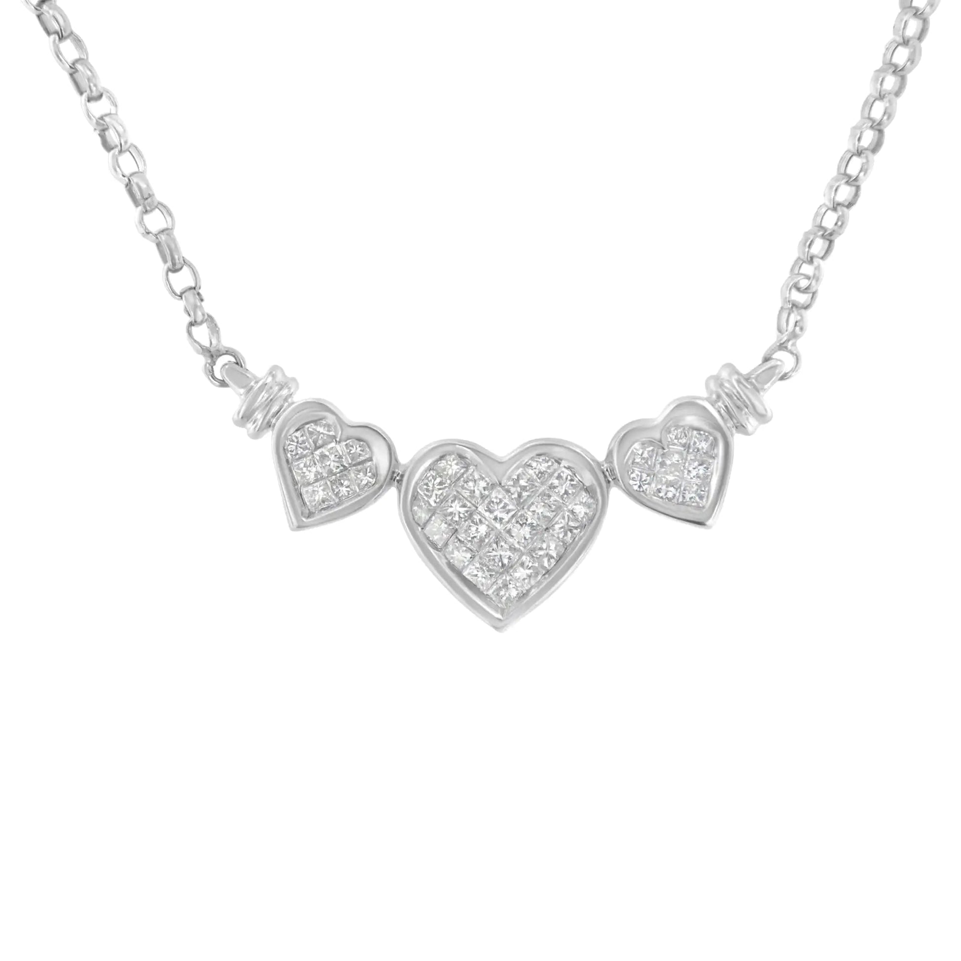 14K White Gold 1.0 Cttw Princess Cut Diamond Three Heart 18" Statement Pendant Necklace (H - I Color, SI2 - I1 Clarity) - Jaazi Intl