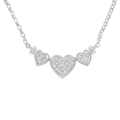 14K White Gold 1.0 Cttw Princess Cut Diamond Three Heart 18" Statement Pendant Necklace (H - I Color, SI2 - I1 Clarity) - Jaazi Intl