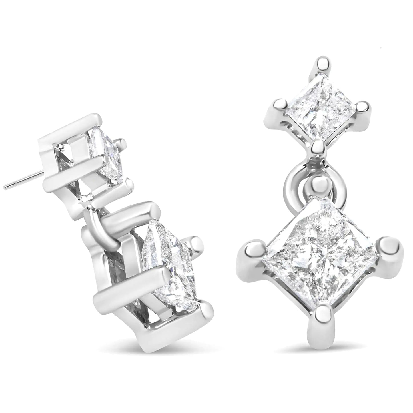 14K White Gold 1.0 Cttw Princess - Cut Double Diamond Drop Stud Earrings for Women (H - I Color, I1 - I2 Clarity) - Jaazi Intl