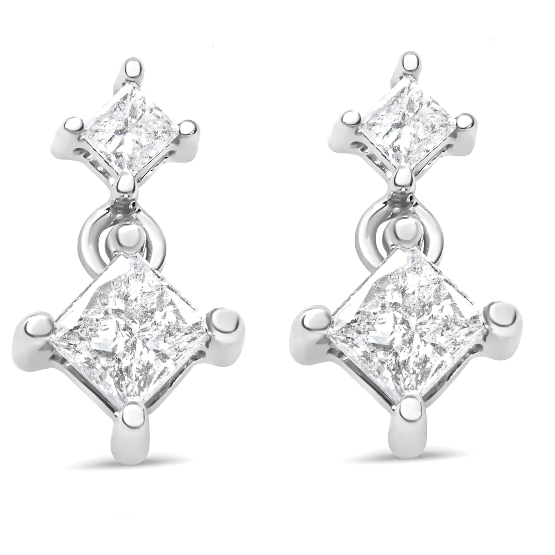 14K White Gold 1.0 Cttw Princess - Cut Double Diamond Drop Stud Earrings for Women (H - I Color, I1 - I2 Clarity) - Jaazi Intl