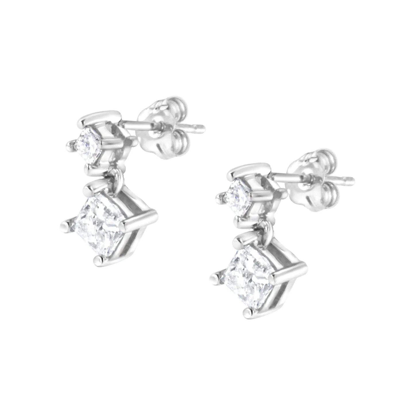 14K White Gold 1.0 Cttw Princess - Cut Double Diamond Drop Stud Earrings for Women (H - I Color, I1 - I2 Clarity) - Jaazi Intl