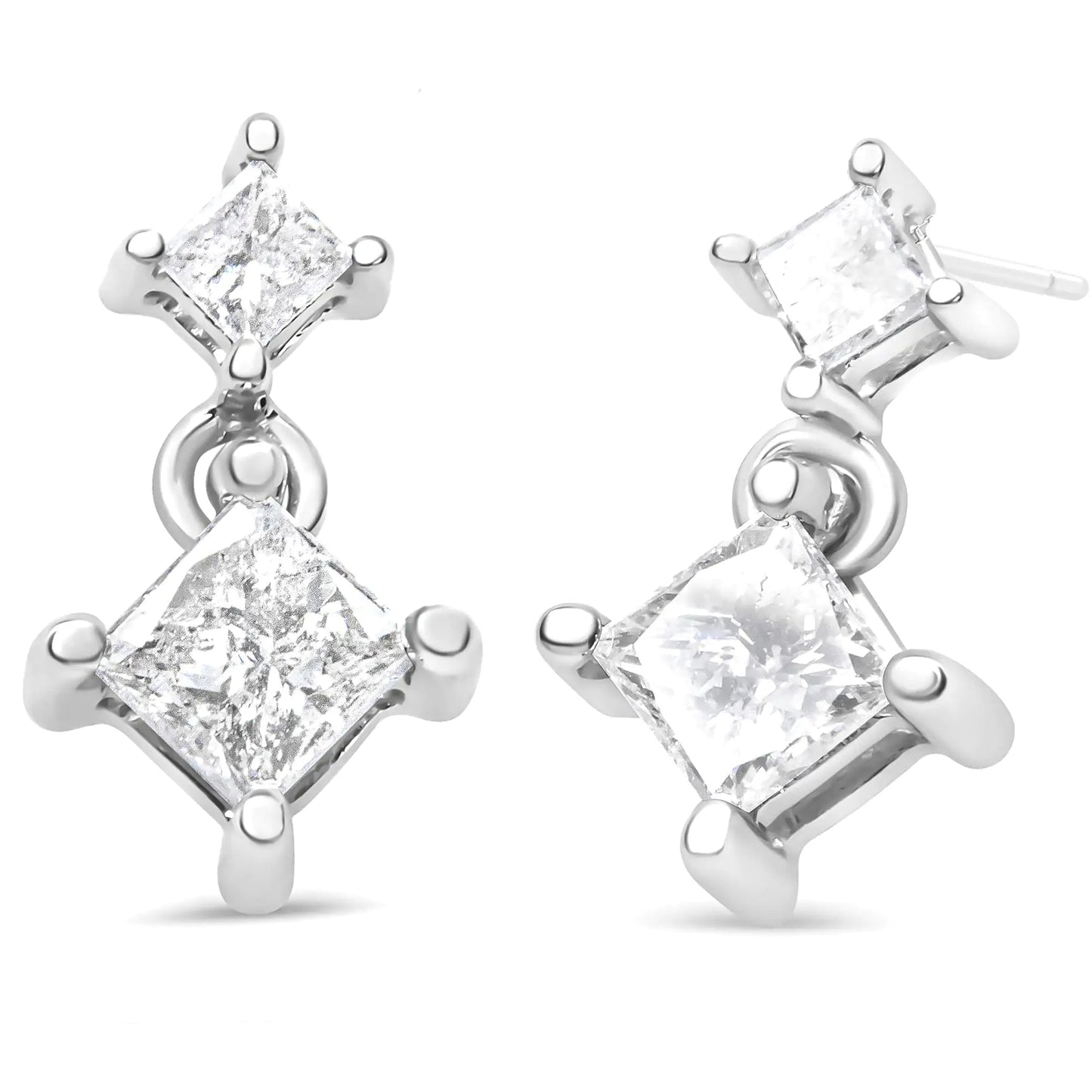 14K White Gold 1.0 Cttw Princess - Cut Double Diamond Drop Stud Earrings for Women (H - I Color, I1 - I2 Clarity) - Jaazi Intl