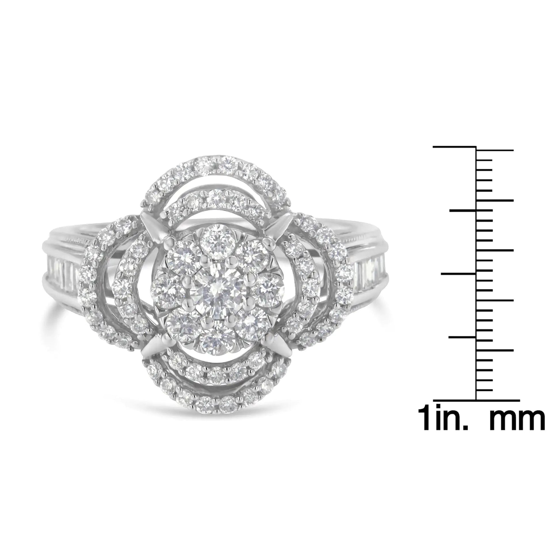 14K White Gold 1.0 Cttw Round & Baguette Cut Diamond Floral Cluster Quatrefoil Channel Set Band Cocktail Statement Ring (H - I Color, SI2 - I1 Clarity) - Jaazi Intl