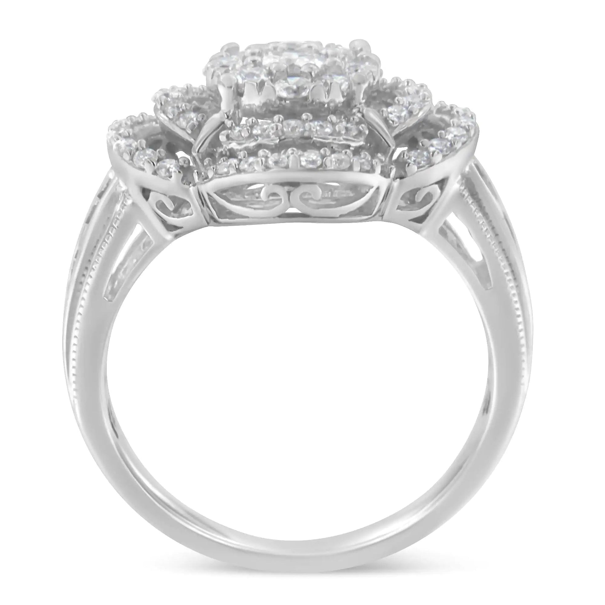 14K White Gold 1.0 Cttw Round & Baguette Cut Diamond Floral Cluster Quatrefoil Channel Set Band Cocktail Statement Ring (H - I Color, SI2 - I1 Clarity) - Jaazi Intl