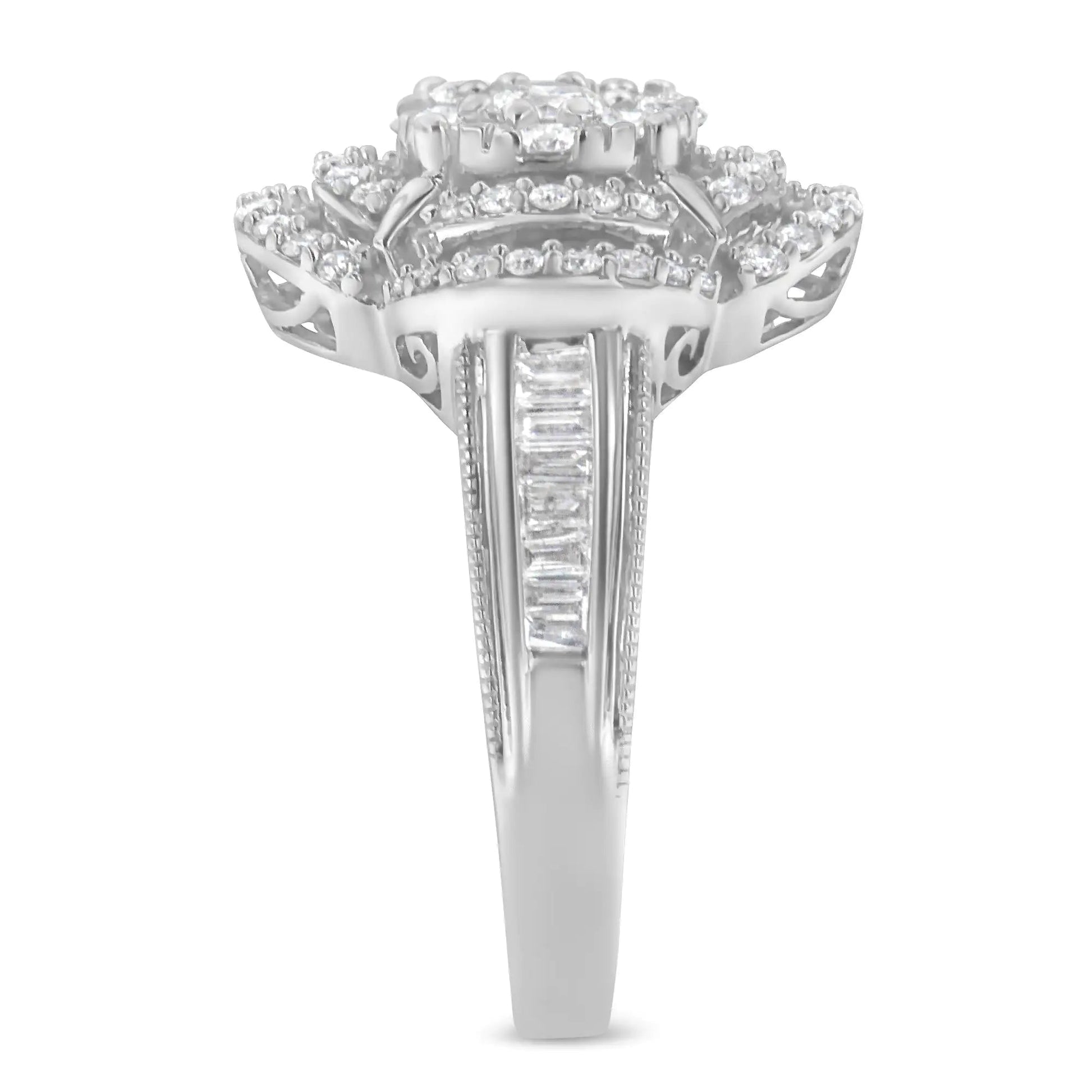 14K White Gold 1.0 Cttw Round & Baguette Cut Diamond Floral Cluster Quatrefoil Channel Set Band Cocktail Statement Ring (H - I Color, SI2 - I1 Clarity) - Jaazi Intl