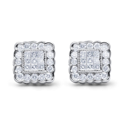 14K White Gold 1.0 Cttw Round Brilliant & Princess Cut Diamond Scallop - Edge Framed Square Halo Stud Earrings (G - H Color, SI1 - SI2 Clarity) - Jaazi Intl