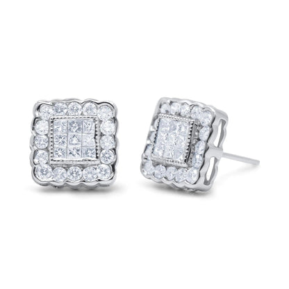 14K White Gold 1.0 Cttw Round Brilliant & Princess Cut Diamond Scallop - Edge Framed Square Halo Stud Earrings (G - H Color, SI1 - SI2 Clarity) - Jaazi Intl