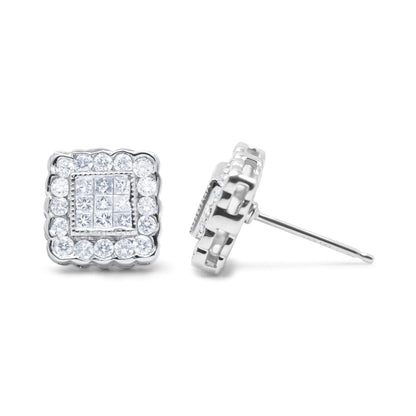 14K White Gold 1.0 Cttw Round Brilliant & Princess Cut Diamond Scallop - Edge Framed Square Halo Stud Earrings (G - H Color, SI1 - SI2 Clarity) - Jaazi Intl