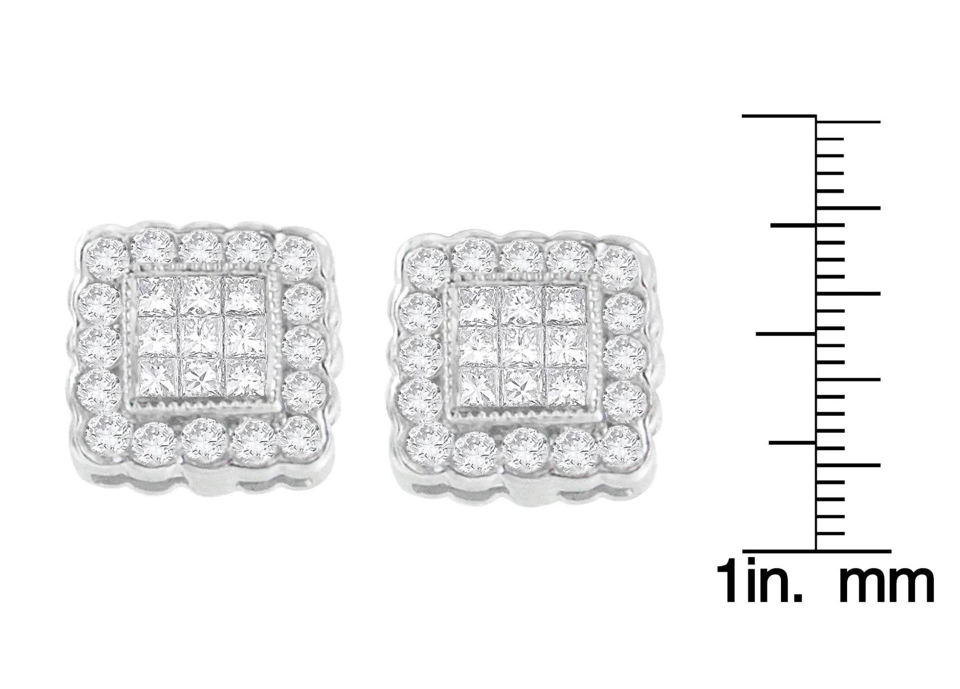 14K White Gold 1.0 Cttw Round Brilliant & Princess Cut Diamond Scallop - Edge Framed Square Halo Stud Earrings (G - H Color, SI1 - SI2 Clarity) - Jaazi Intl