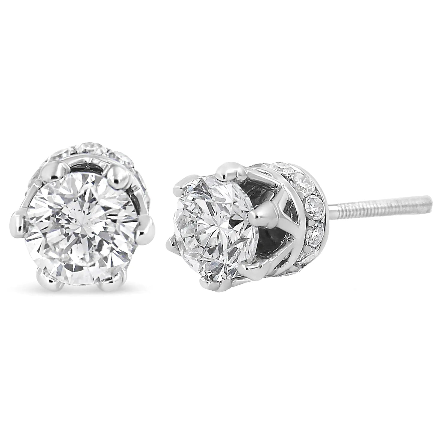 14K White Gold 1.0 Cttw Round Cut Prong - Set Diamond Crown Stud Earring (I - J Color, I1 - I2 Clarity) - Jaazi International