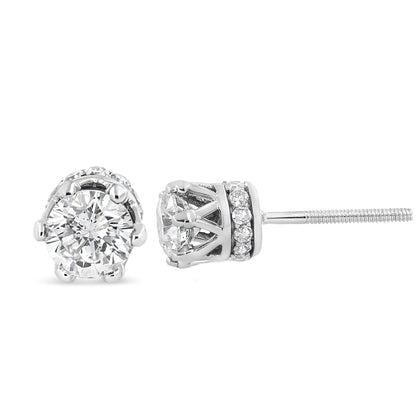 14K White Gold 1.0 Cttw Round Cut Prong - Set Diamond Crown Stud Earring (I - J Color, I1 - I2 Clarity) - Jaazi International