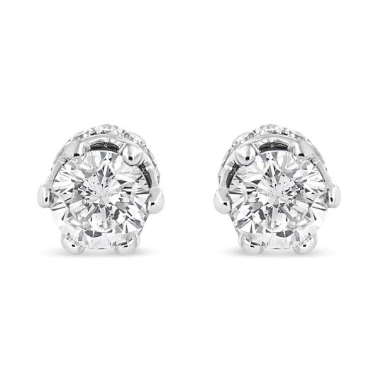 14K White Gold 1.0 Cttw Round Cut Prong - Set Diamond Crown Stud Earring (I - J Color, I1 - I2 Clarity) - Jaazi International