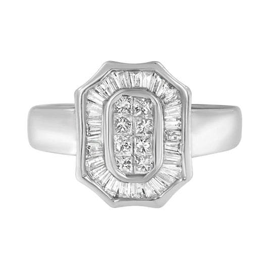 14K White Gold 1.00 Cttw Baguette and Princess - Cut Diamond Cocktail Art Deco Style Ring (H - I Color, SI1 - SI2 Clarity) - Jaazi Intl