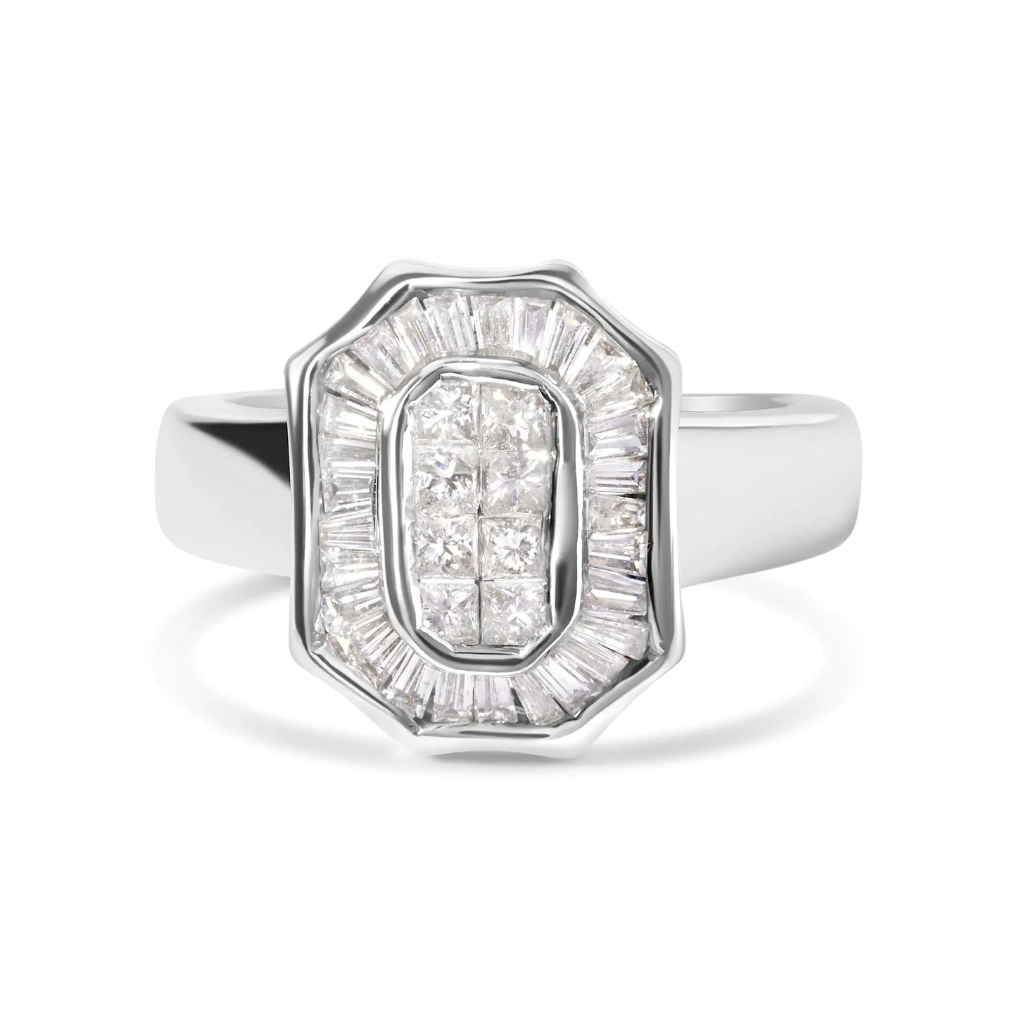 14K White Gold 1.00 Cttw Baguette and Princess - Cut Diamond Cocktail Art Deco Style Ring (H - I Color, SI1 - SI2 Clarity) - Jaazi Intl