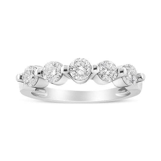 14K White Gold 1.00 Cttw Brilliant Round Cut Diamond 5 - Stone Band Ring (H - I Color, SI2 - I1 Clarity) - Jaazi Intl