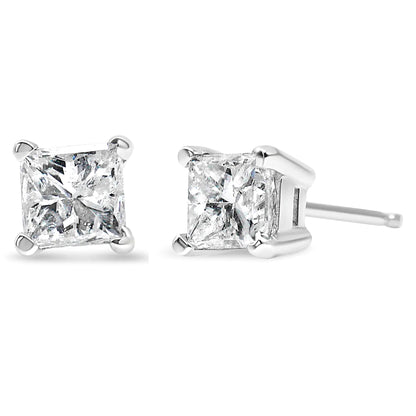 14K White Gold 1.00 Cttw Princess - Cut Square Near Colorless Diamond Classic 4 - Prong Solitaire Stud Earrings (J - K Color, I1 - I2 Clarity) - Jaazi Intl