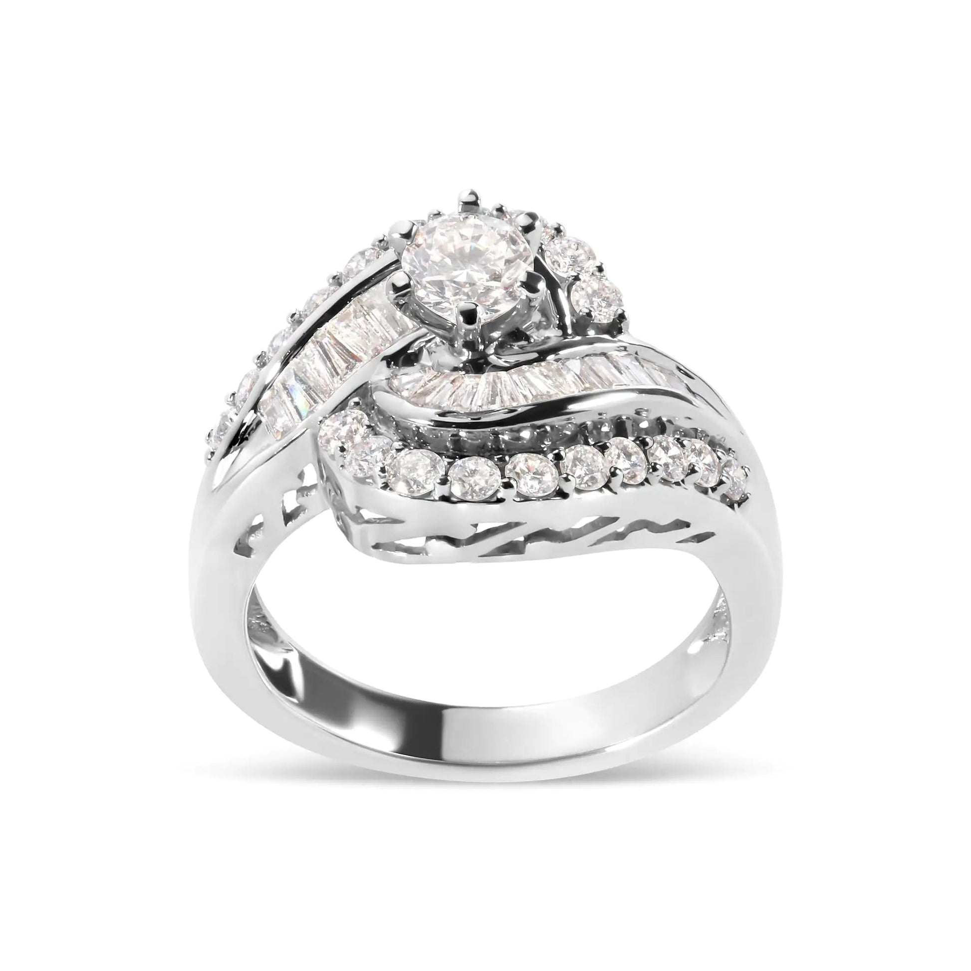 14K White Gold 1.00 Cttw Round and Baguette cut Diamond Swirl Cocktail Ring (H - I Color, SI2 - I1 Clarity) - Jaazi Intl