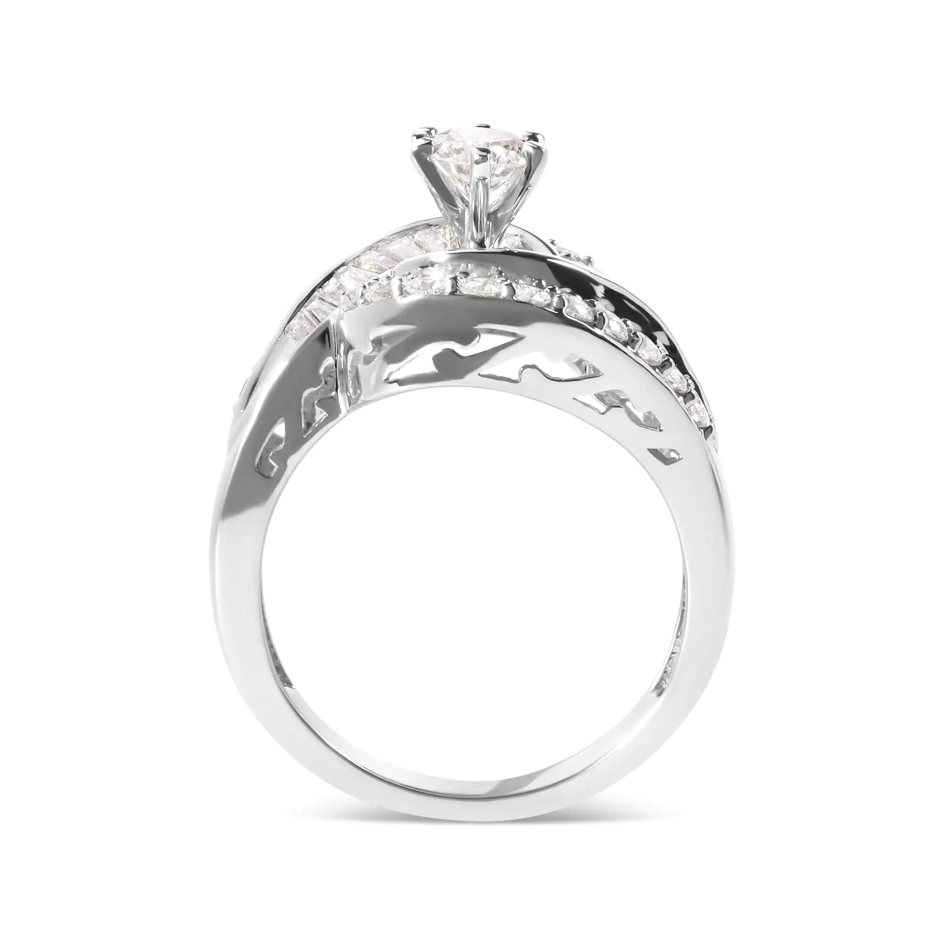 14K White Gold 1.00 Cttw Round and Baguette cut Diamond Swirl Cocktail Ring (H - I Color, SI2 - I1 Clarity) - Jaazi Intl