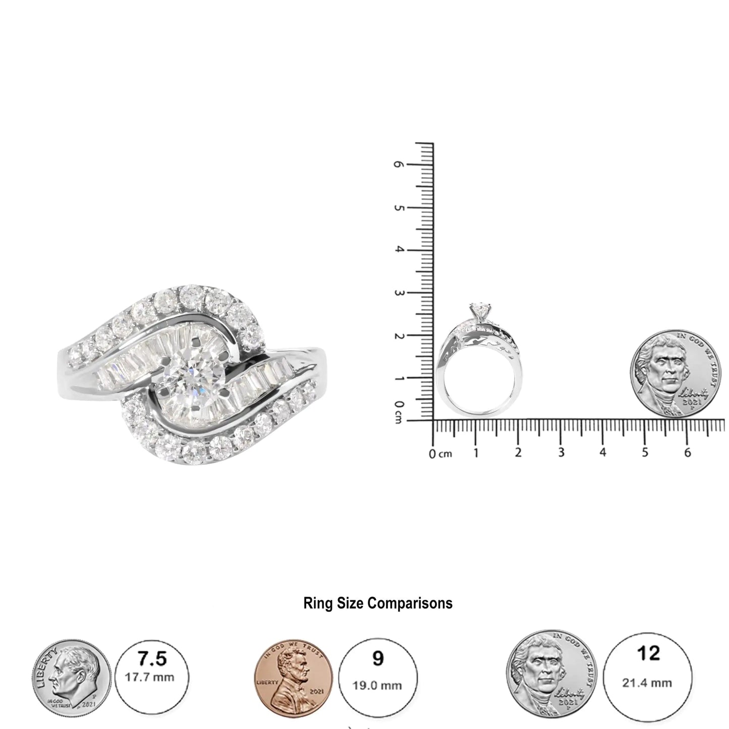 14K White Gold 1.00 Cttw Round and Baguette cut Diamond Swirl Cocktail Ring (H - I Color, SI2 - I1 Clarity) - Jaazi Intl