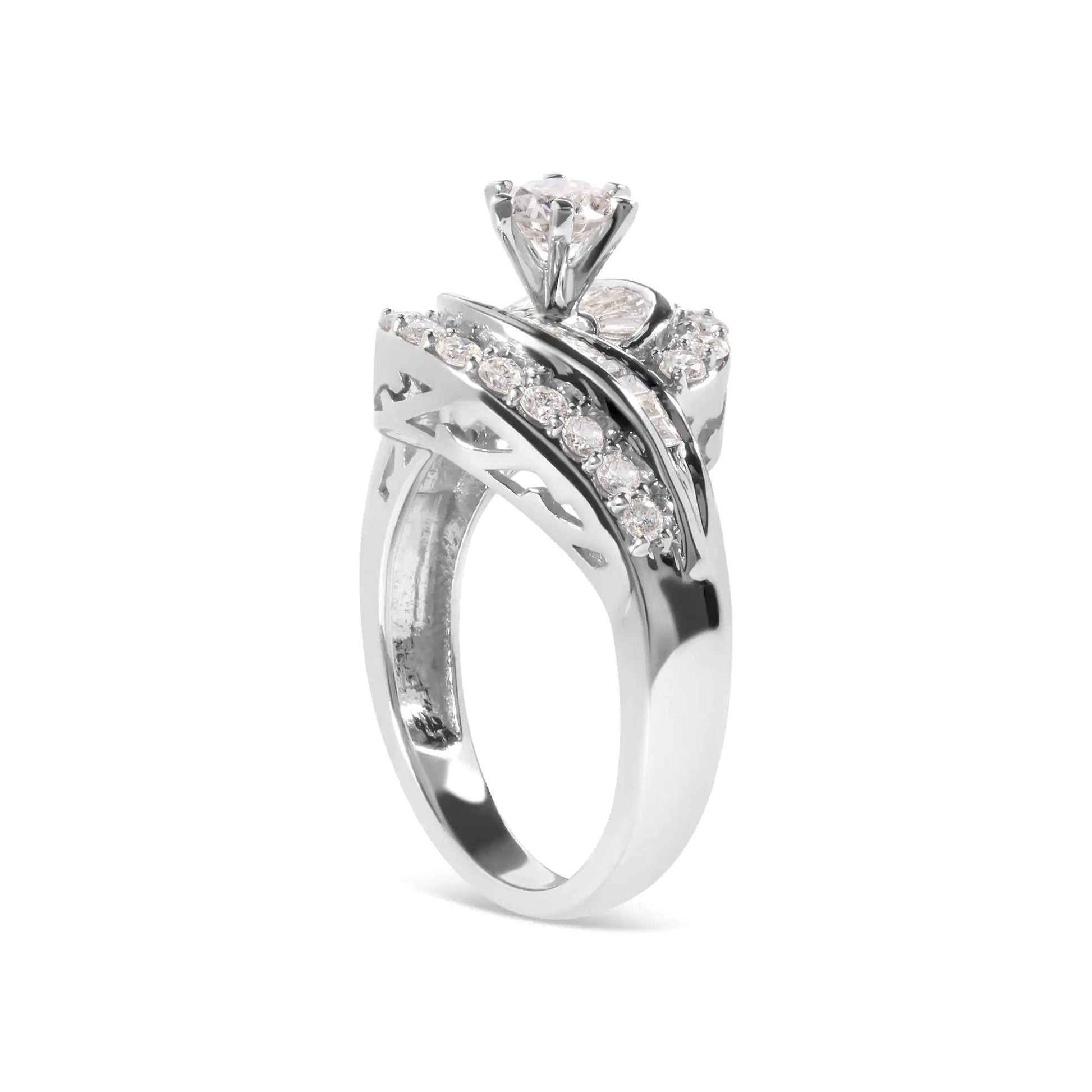 14K White Gold 1.00 Cttw Round and Baguette cut Diamond Swirl Cocktail Ring (H - I Color, SI2 - I1 Clarity) - Jaazi Intl