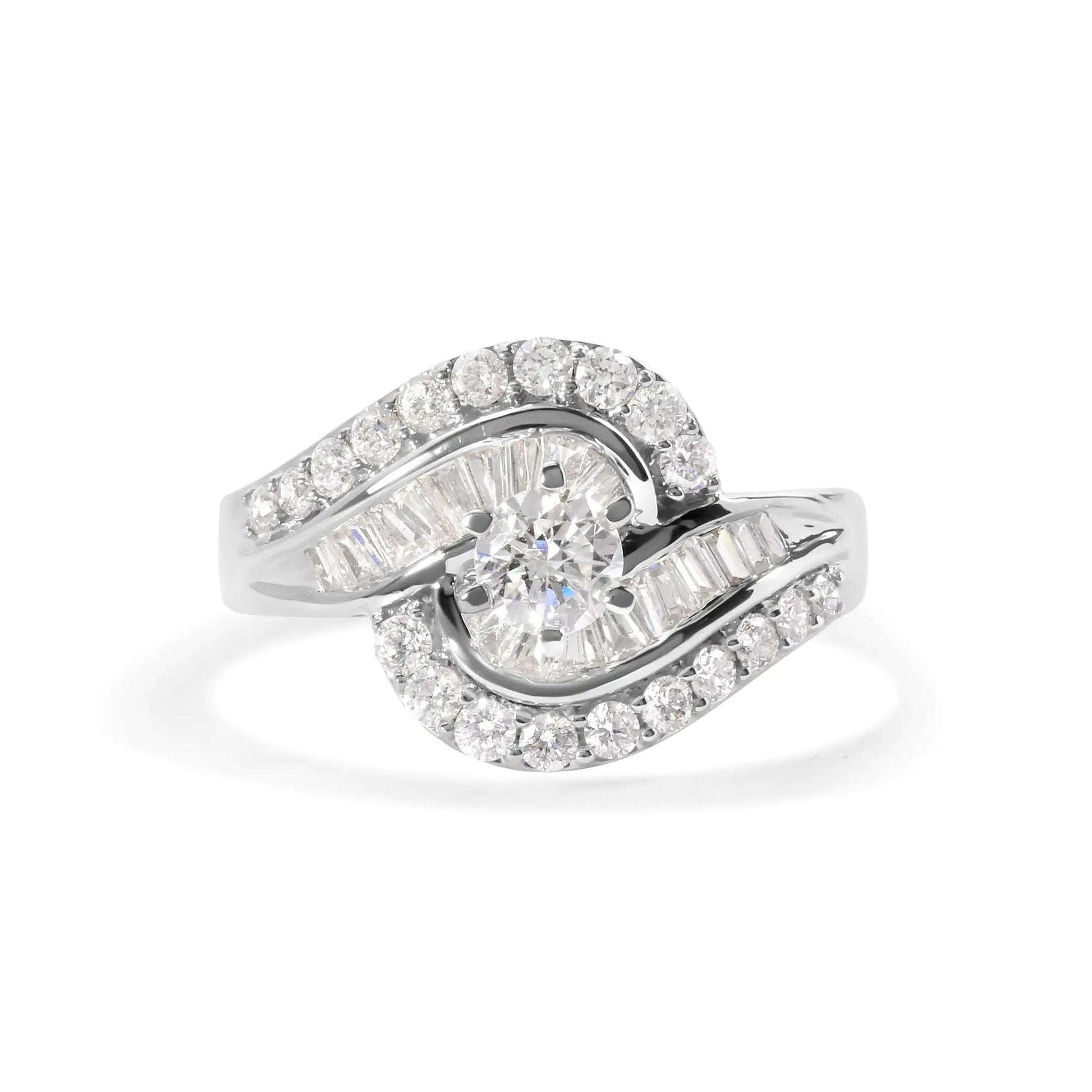 14K White Gold 1.00 Cttw Round and Baguette cut Diamond Swirl Cocktail Ring (H - I Color, SI2 - I1 Clarity) - Jaazi Intl