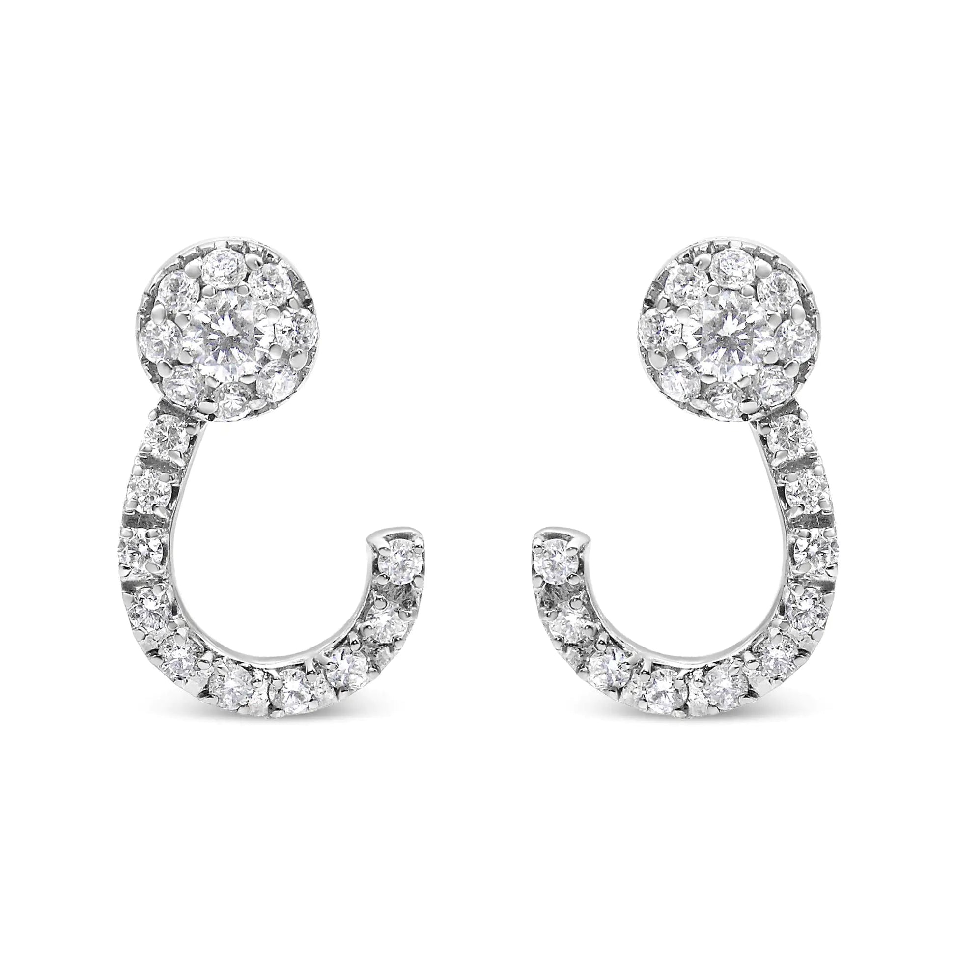 14K White Gold 1.00 Cttw Round - Cut Diamond Curved Cluster Drop Stud Earrings (G - H Color, SI1 - SI2 Clarity) - Jaazi International