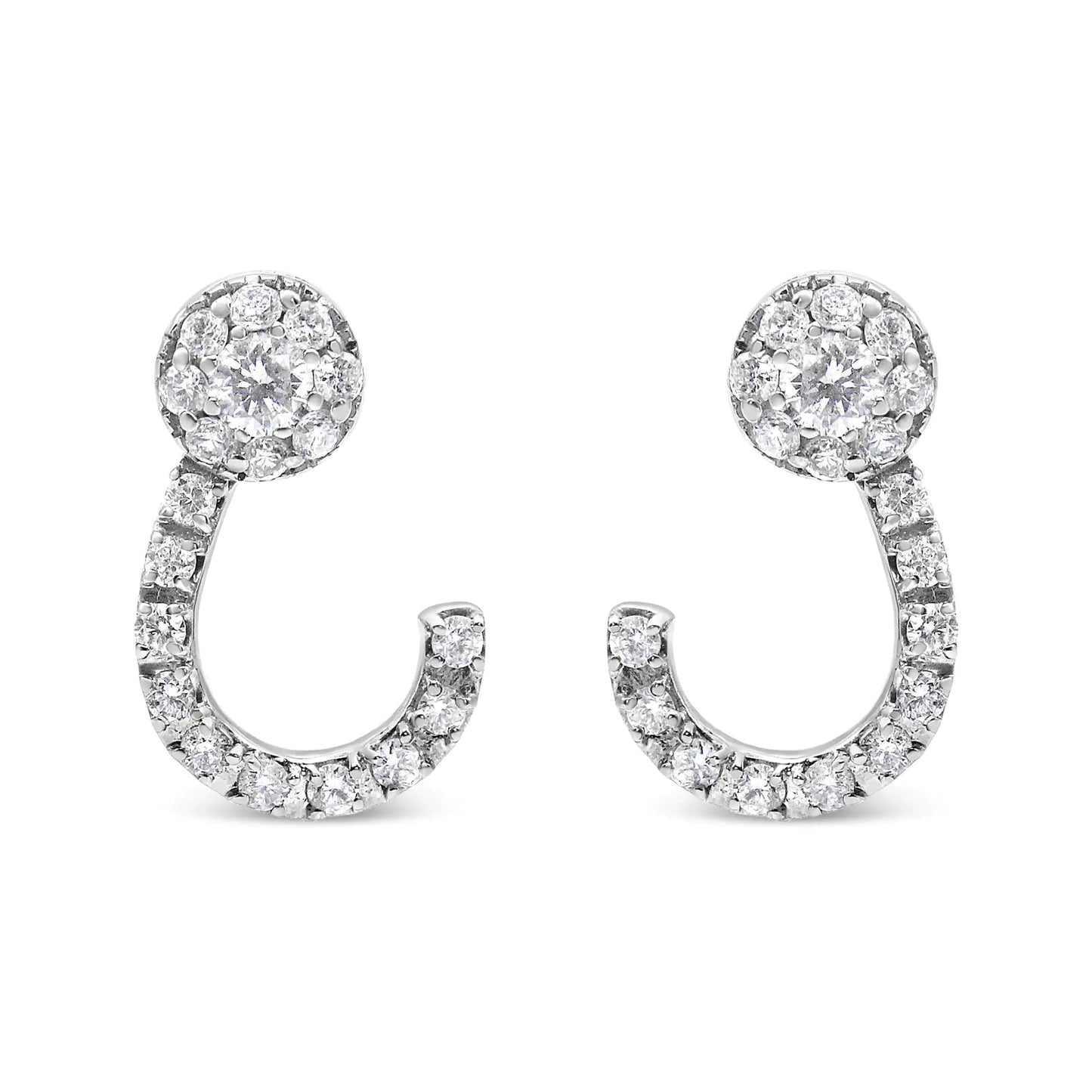 14K White Gold 1.00 Cttw Round - Cut Diamond Curved Cluster Drop Stud Earrings (G - H Color, SI1 - SI2 Clarity) - Jaazi International