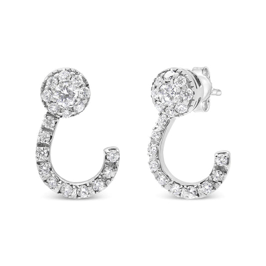 14K White Gold 1.00 Cttw Round - Cut Diamond Curved Cluster Drop Stud Earrings (G - H Color, SI1 - SI2 Clarity) - Jaazi International