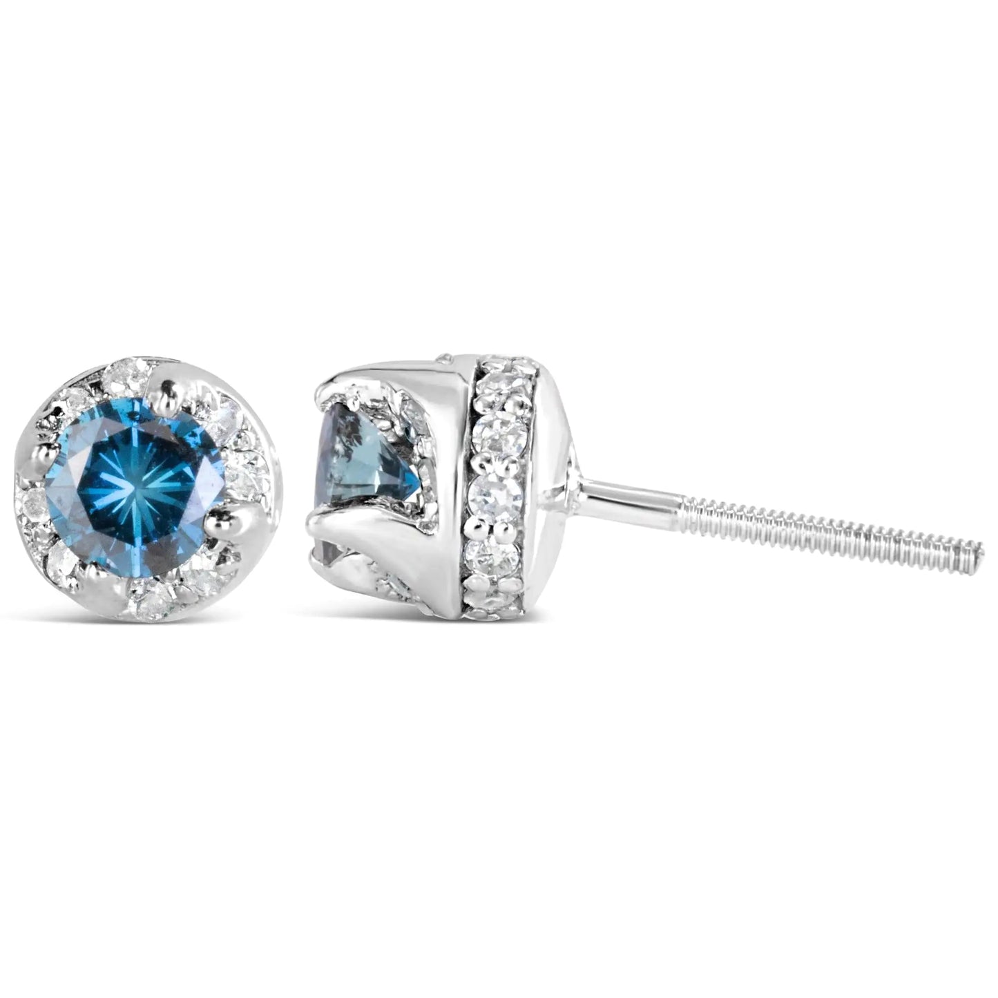 14K White Gold 1.00 Cttw Treated Blue and White Diamond Hidden Halo Stud Earrings (Blue/I - J Color, I2 - I3 Clarity) - Jaazi Intl