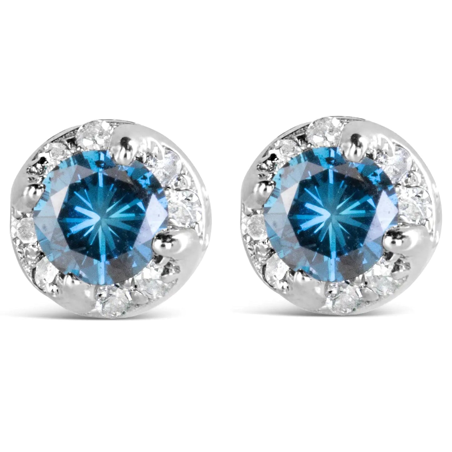 14K White Gold 1.00 Cttw Treated Blue and White Diamond Hidden Halo Stud Earrings (Blue/I - J Color, I2 - I3 Clarity) - Jaazi Intl