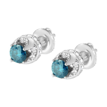 14K White Gold 1.00 Cttw Treated Blue and White Diamond Hidden Halo Stud Earrings (Blue/I - J Color, I2 - I3 Clarity) - Jaazi Intl