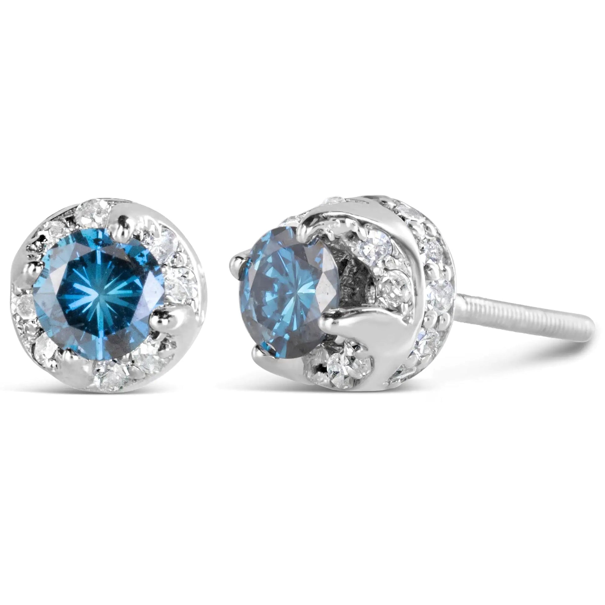 14K White Gold 1.00 Cttw Treated Blue and White Diamond Hidden Halo Stud Earrings (Blue/I - J Color, I2 - I3 Clarity) - Jaazi Intl