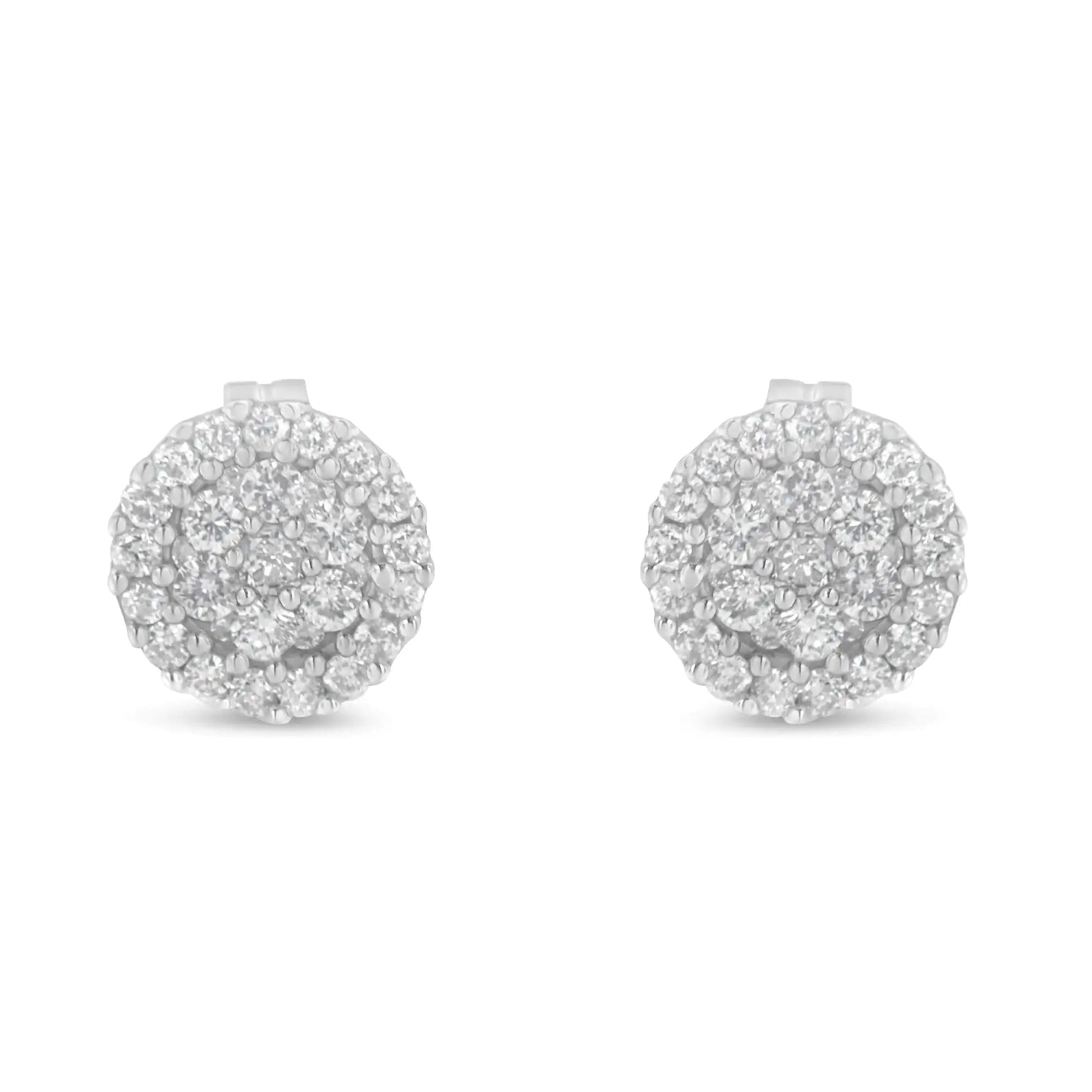 14K White Gold 1/2 Cttw Brilliant - Cut Diamond Halo - Style Cluster Round Button Stud Earrings (H - I Color, I1 - I2 Clarity) - Jaazi Intl