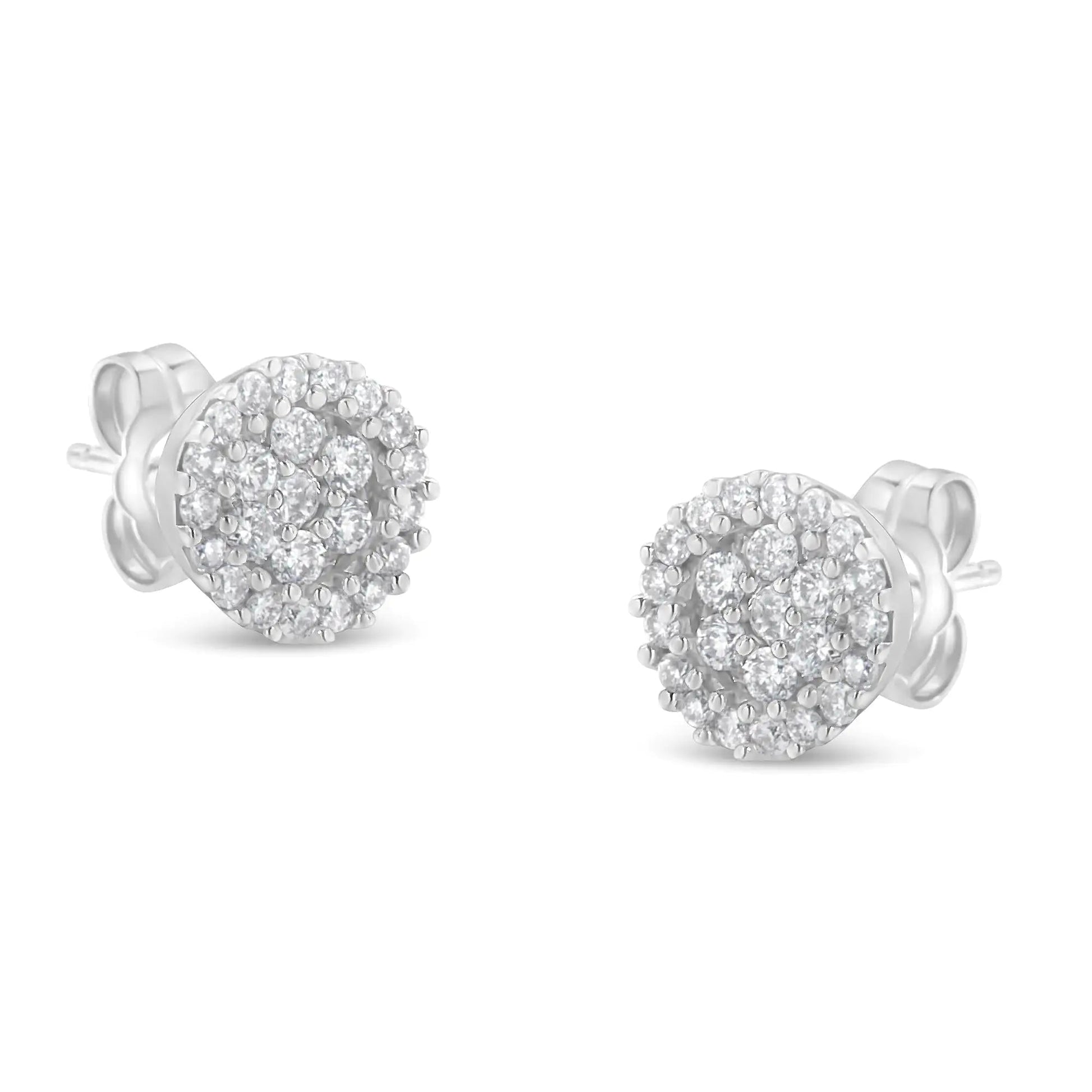 14K White Gold 1/2 Cttw Brilliant - Cut Diamond Halo - Style Cluster Round Button Stud Earrings (H - I Color, I1 - I2 Clarity) - Jaazi Intl