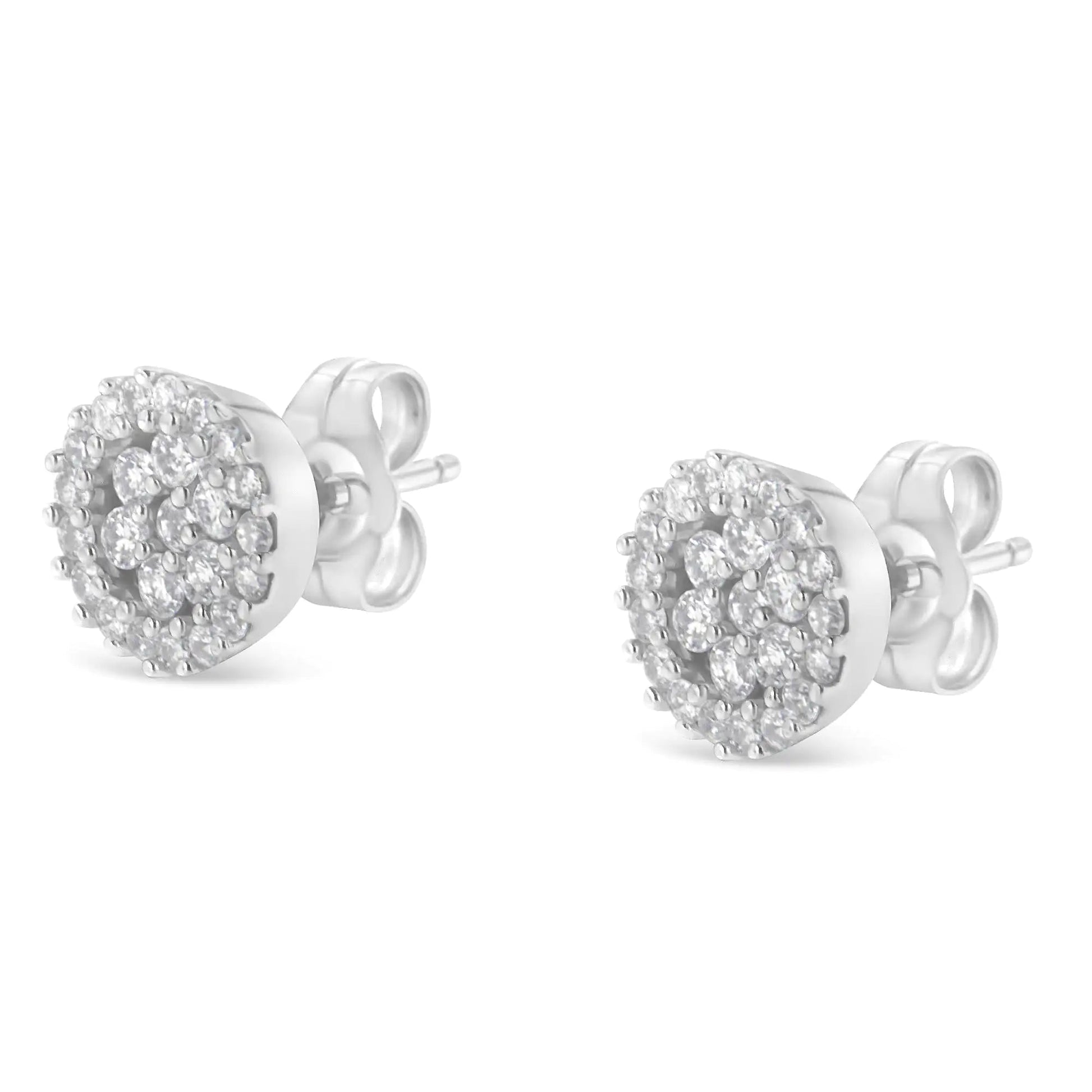 14K White Gold 1/2 Cttw Brilliant - Cut Diamond Halo - Style Cluster Round Button Stud Earrings (H - I Color, I1 - I2 Clarity) - Jaazi Intl