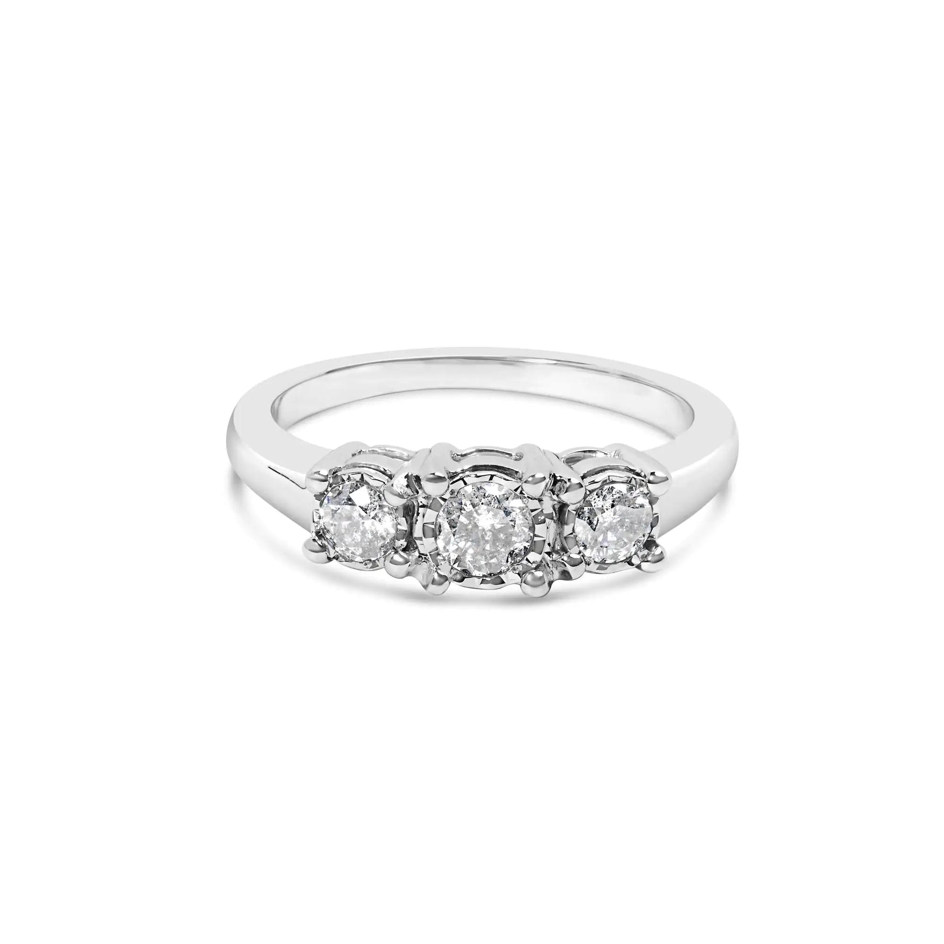 14K White Gold 1/2 Cttw Miracle Set Round Lab Grown Diamond Three Stone Illusion Plate Ring (F - G Color, VS1 - VS2 Clarity) - Jaazi Intl