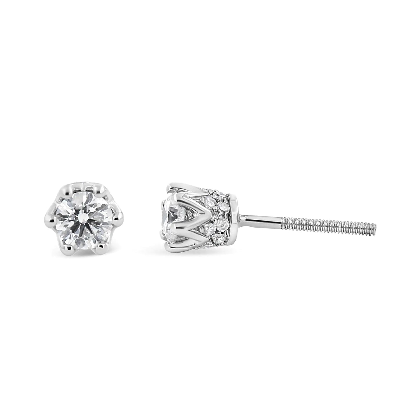 14K White Gold 1/2 Cttw Round Diamond Crown Stud Earring (I - J Color, I1 - I2 Clarity) - Jaazi Intl