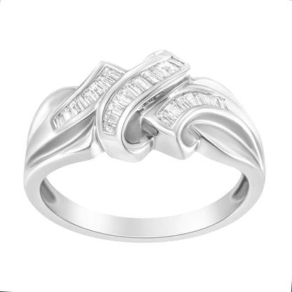 14K White Gold 1/3 Cttw Channel Set Baguette Diamond Bypass Ring Band (H - I Color, SI1 - SI2 Clarity) - Jaazi Intl