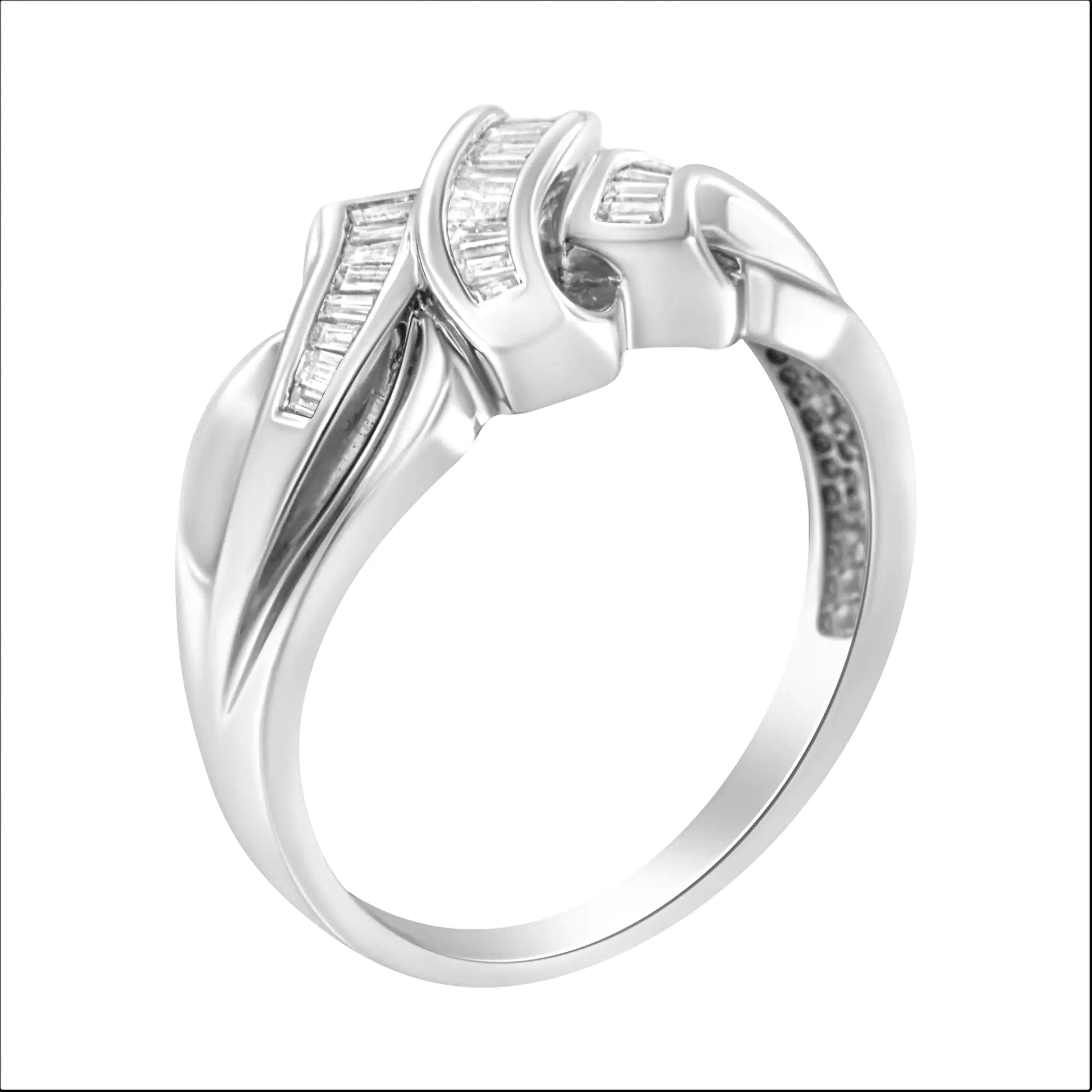 14K White Gold 1/3 Cttw Channel Set Baguette Diamond Bypass Ring Band (H - I Color, SI1 - SI2 Clarity) - Jaazi Intl