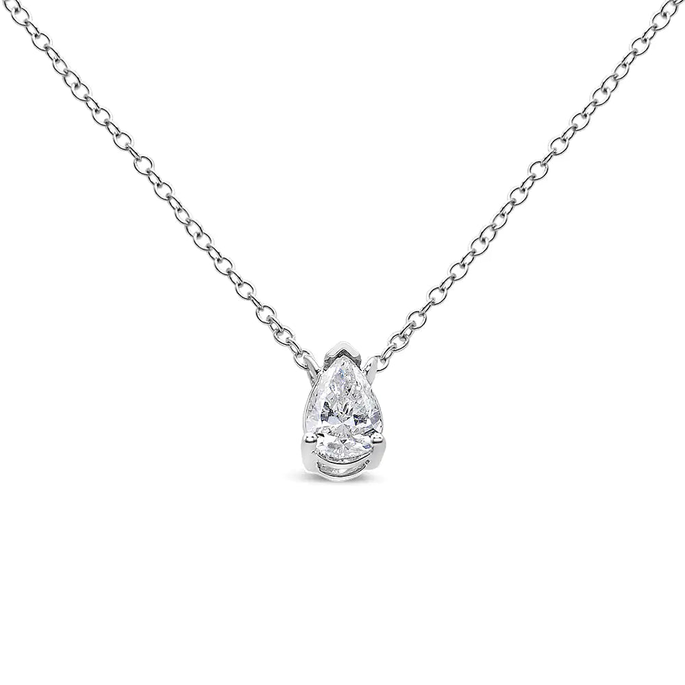 14K White Gold 1/5 Cttw Pear Shape Solitaire Diamond 18" Pendant Necklace (G - H Color, VS2 - SI1 Clarity) - Jaazi Intl