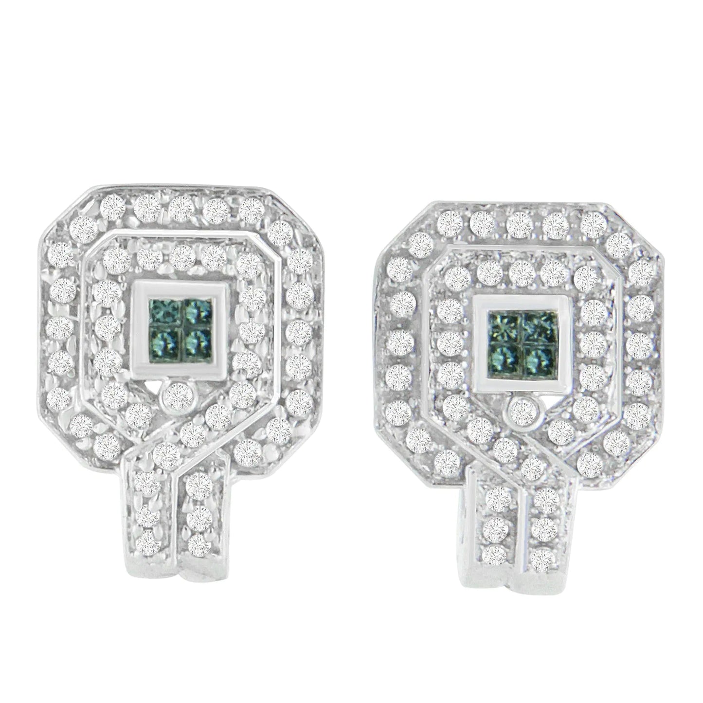 14K White Gold 1ct. TDW Round and Princess - cut Treated Blue Diamond Earrings (H - I,SI1 - SI2) - Jaazi Intl