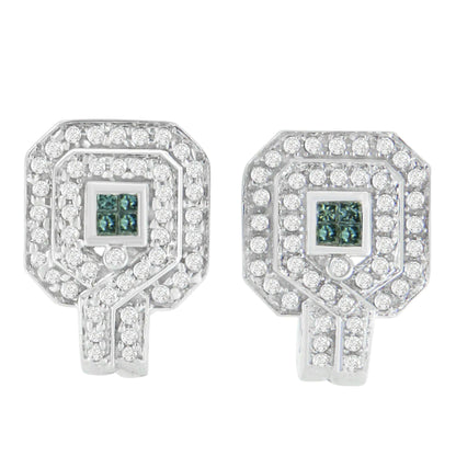 14K White Gold 1ct. TDW Round and Princess - cut Treated Blue Diamond Earrings (H - I,SI1 - SI2) - Jaazi Intl