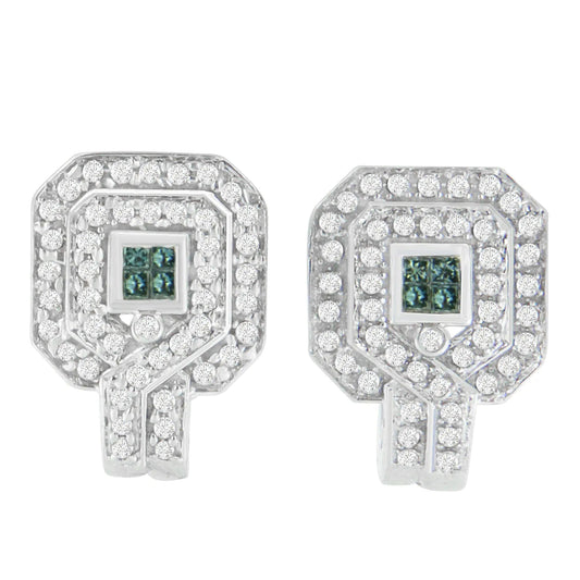 14K White Gold 1ct. TDW Round and Princess - cut Treated Blue Diamond Earrings (H - I,SI1 - SI2) - Jaazi Intl