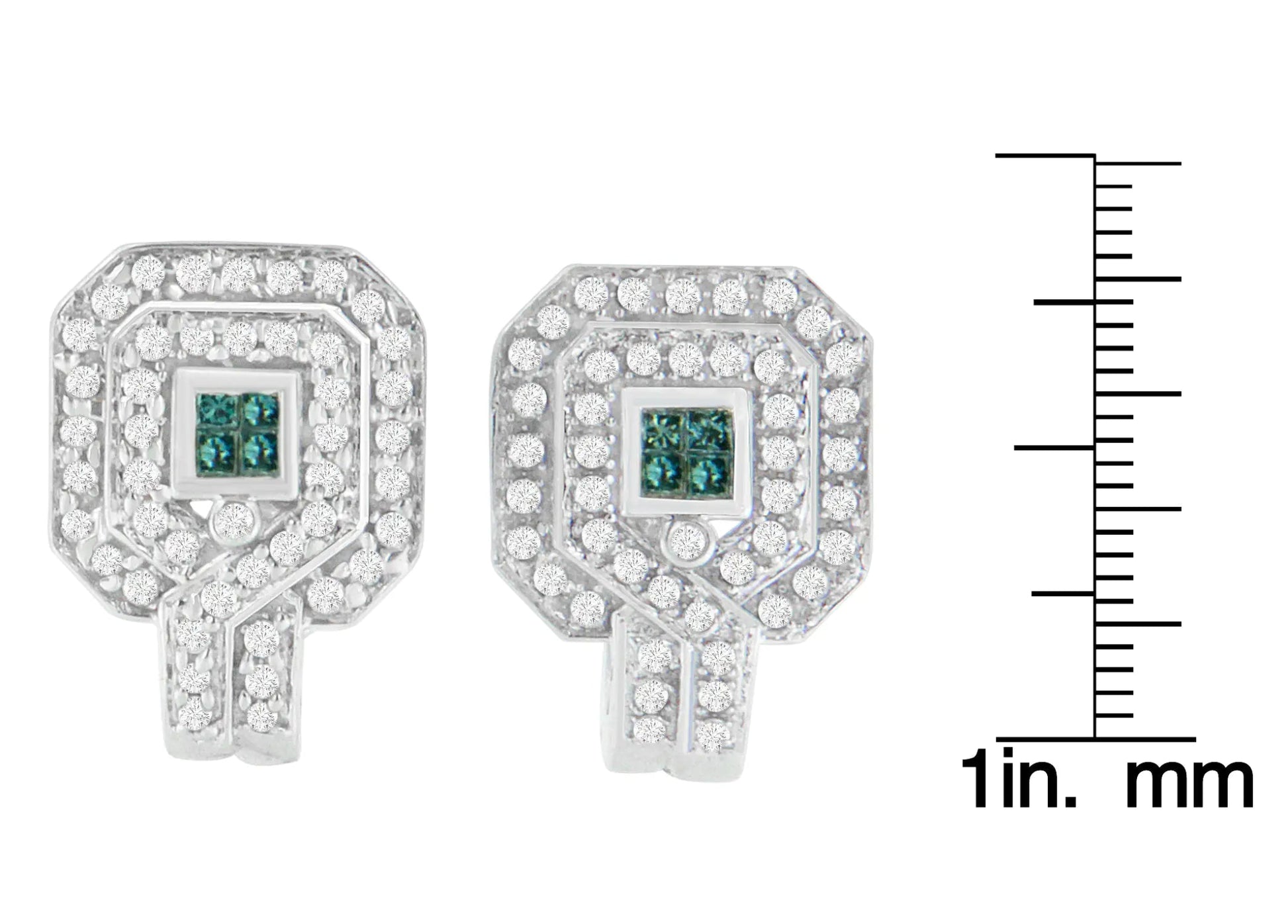 14K White Gold 1ct. TDW Round and Princess - cut Treated Blue Diamond Earrings (H - I,SI1 - SI2) - Jaazi Intl