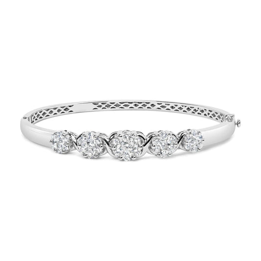 14K White Gold 2 1/2 Cttw Diamond Graduating Floral Cluster Bangle Bracelet (H - I Color, SI1 - SI2 Clarity) - Fits Wrists up to 7.25" - Jaazi Intl