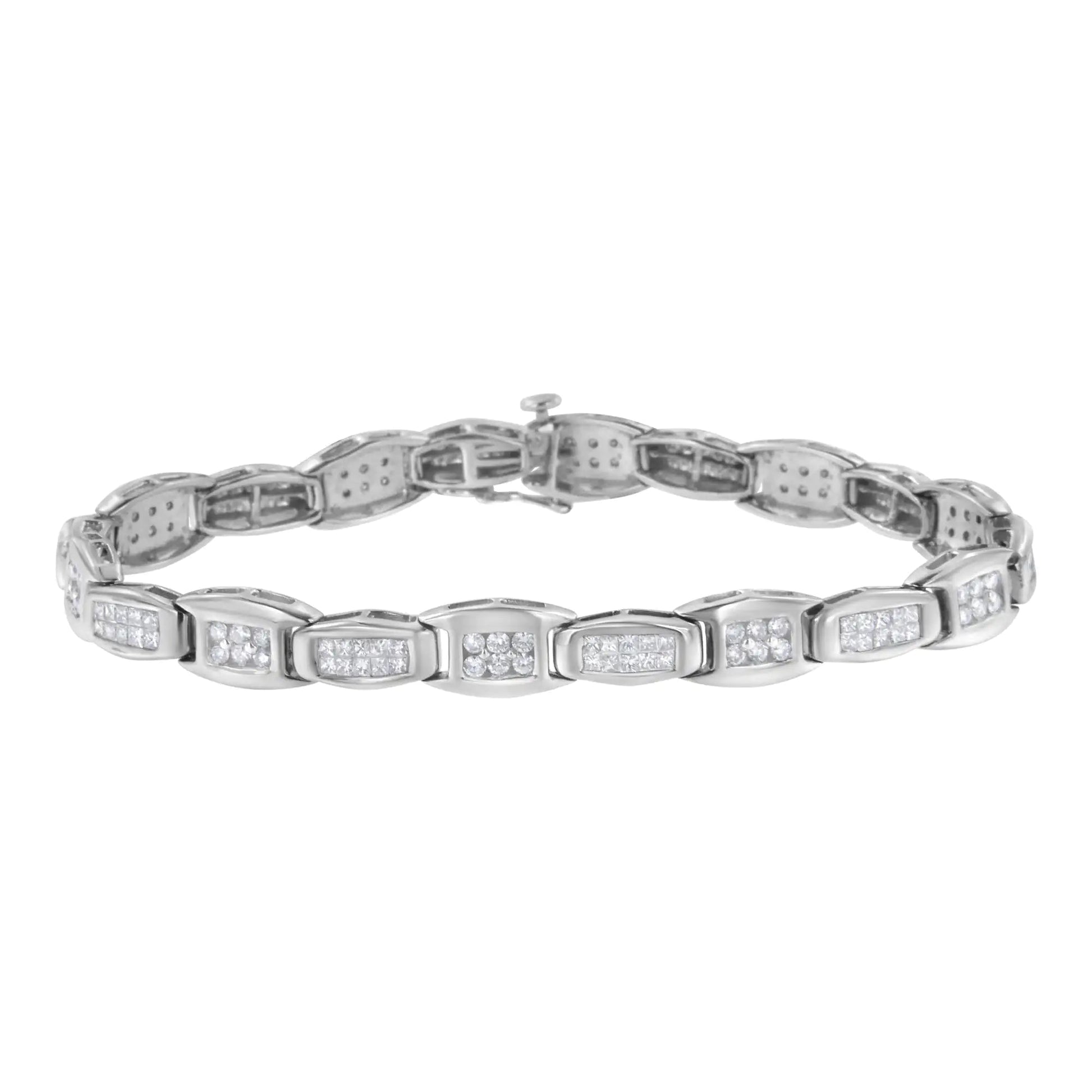 14K White Gold 2 - 1/2 Cttw Round - Brilliant & Baguette Cut Diamond 7" Alternating Flared Links Tennis Bracelet (H - I Color, SI1 - SI2 Clarity) - Jaazi Intl