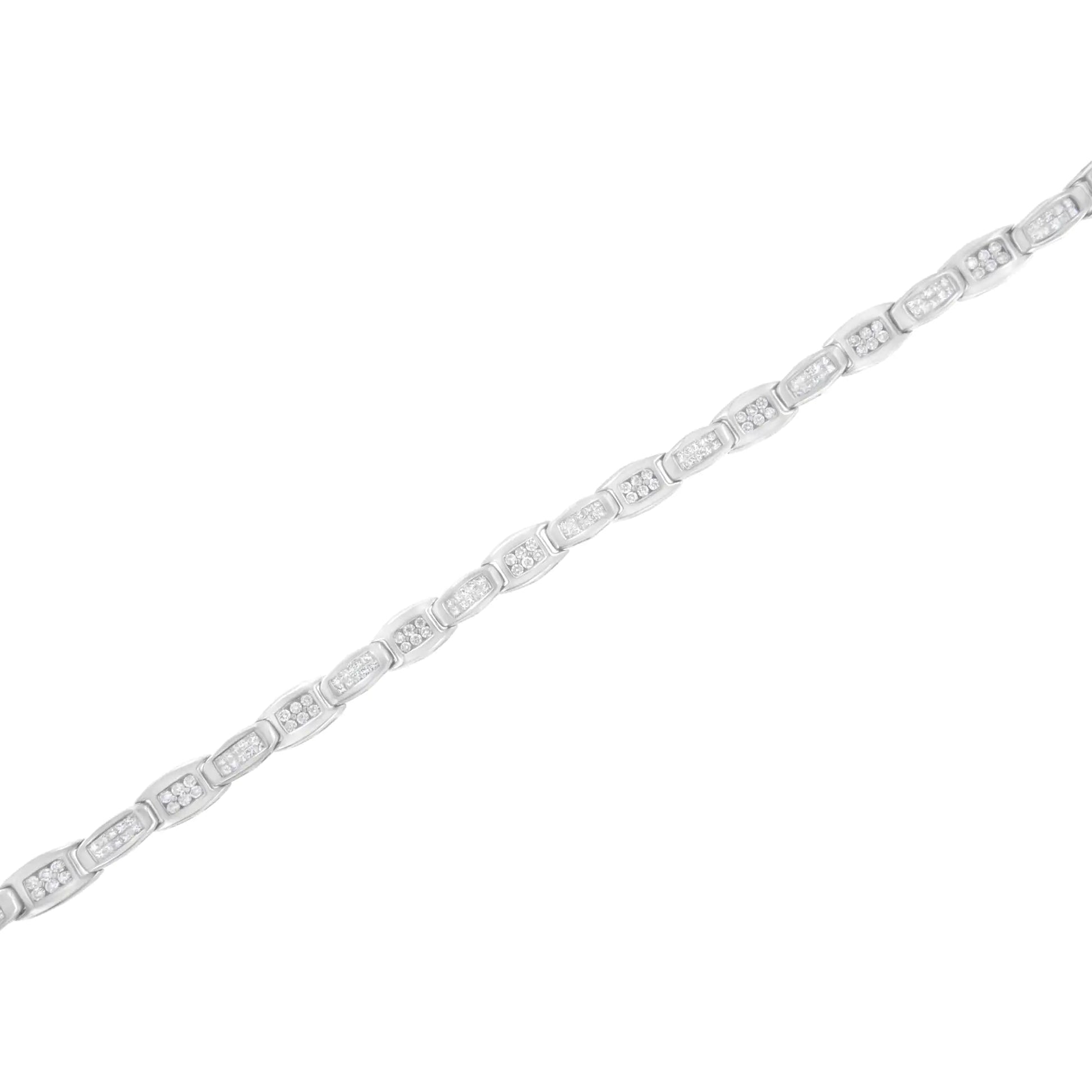 14K White Gold 2 - 1/2 Cttw Round - Brilliant & Baguette Cut Diamond 7" Alternating Flared Links Tennis Bracelet (H - I Color, SI1 - SI2 Clarity) - Jaazi Intl