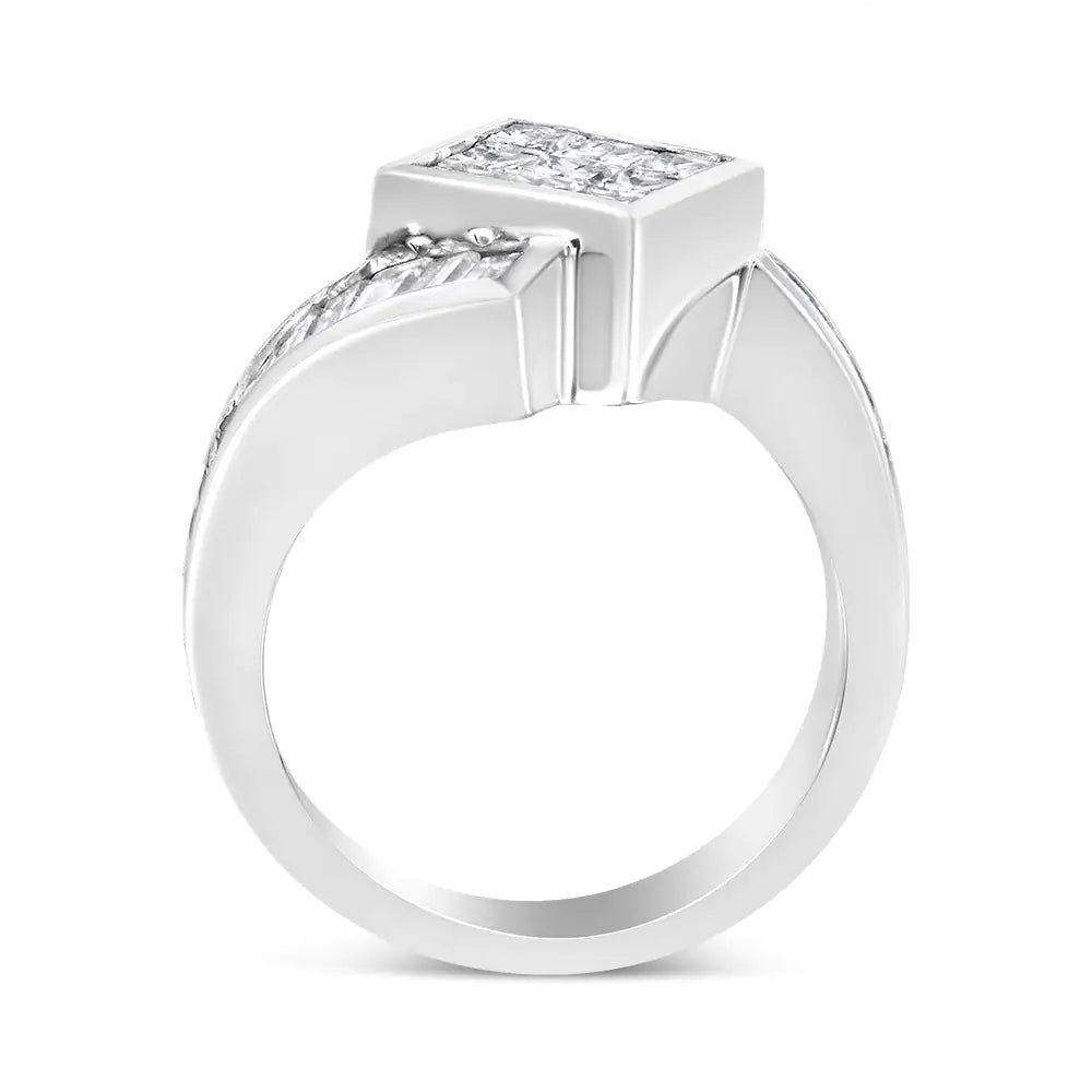 14K White Gold 2 1/5 Cttw Invisible - Set Princess and Channel - Set Baguette Diamond Bypass Kite - Set Ring (G - H Color, VS2 - SI1 Clarity) - Jaazi Intl