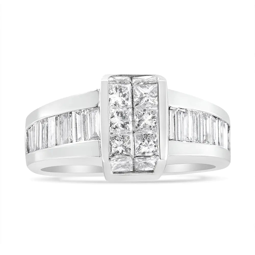 14K White Gold 2 3/4 Cttw Invisible - Set Princess and Channel - Set Baguette Diamond Step Up Cocktail Ring (G - H Color, SI1 - SI2 Clarity) - Jaazi Intl