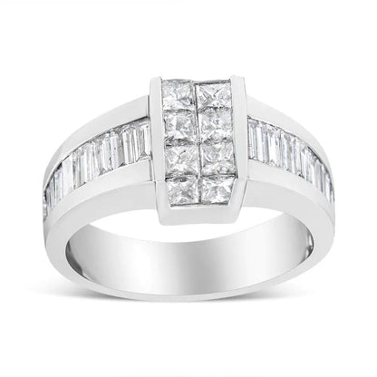 14K White Gold 2 3/4 Cttw Invisible - Set Princess and Channel - Set Baguette Diamond Step Up Cocktail Ring (G - H Color, SI1 - SI2 Clarity) - Jaazi Intl